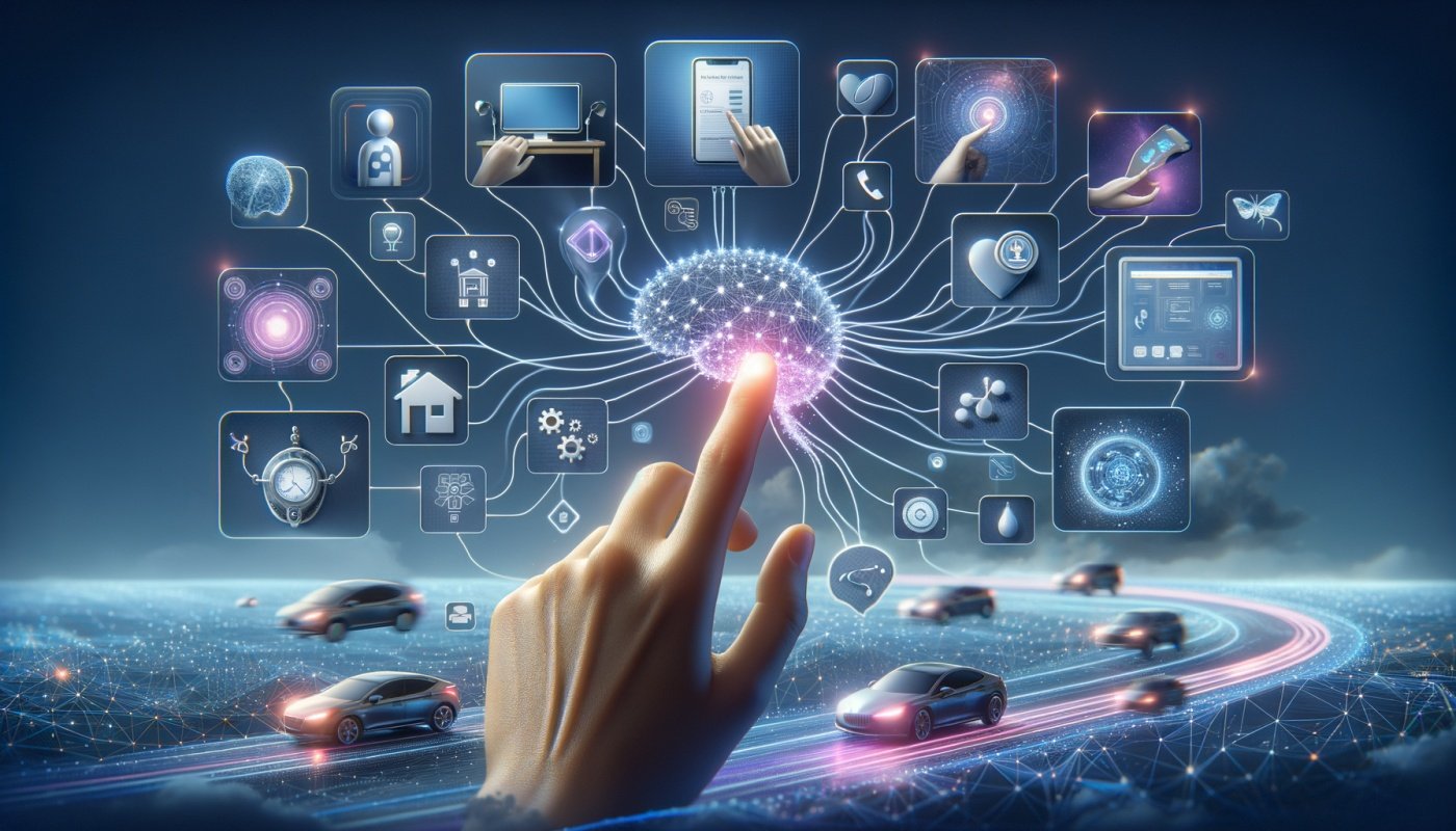 La imagen es una representación visual de la inteligencia artificial y la conectividad en el futuro. En el centro, un cerebro humano estilizado, de color azul brillante, actúa como un centro neurálgico. De este cerebro parten líneas luminosas que se conectan con numerosos íconos flotantes, cada uno representando diferentes aspectos de la vida cotidiana y la tecnología: hay símbolos de una casa, un corazón (salud), un teléfono, un ordenador, un coche, entre otros. Una mano humana, con los dedos extendidos, toca el cerebro, sugiriendo interacción o control. Debajo de esta interfaz central, se extiende una carretera digital futurista por la que circulan varios coches autónomos, también iluminados con un resplandor azul. Todo el conjunto está a